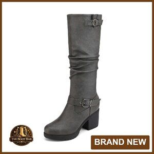 Women's Chunky Heel Knee High Boots with Faux Fur Lining Side Zipper